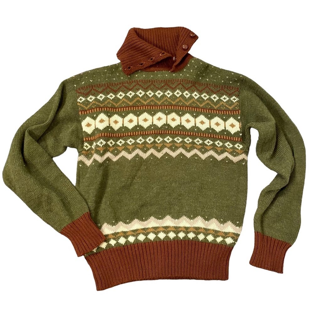 Vintage 1970s Fair Isle wool Nordic Green Brown Neutral Button Cowl Neck sweater